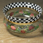 Vintage 1993 Mackenzie Childs Circus Rose Floral Courtly Check 4 Glass Bowl. Fixed Price $55.00.