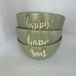 New Signature Houseware Set Of 3 Ceramic Bowls, Oregano Green, Happy Joy Hope. Fixed Price $20.00.