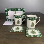 Set Of Spode Green Trim Christmas Tree Mugs And Coasters Tin S3324-A19. Fixed Price $19.99.