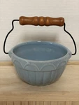 Stoneware Ceramic Ribbed Country Blue Berry Bowl With Wooden Handle 3X6X6 Euc. Fixed Price $14.50.