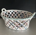 Vtg Oval Portuguese Bowl Reticulated Hand Painted Bird Center Pierced Edge 8"X6". Fixed Price $15.50.