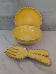 Tommy Bahama Melamine Rustic Crackle Canary Yellow Set Of 4 Salad Bowls & Spoons. Fixed Price $30.00.