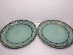 Two - Pier 1 Prussia Dinner Plates Geometric Motif Hand Painted Stoneware. Fixed Price $19.99.