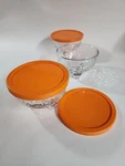 Set Of 3 Crisa Libbey Clear Glass Pebble Textured Footed Bowls W/ Orange Lids. Fixed Price $18.97.