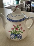Vintage 1996 Annalea Collection Ceramic Rabbit Teapot Floral & Blue Ribbon Bows. Fixed Price $22.00.