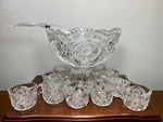 Stunning Imperial Glass Punch Bowl /stand & 10 Cup Set - Hobstar Arches W/ Ladle. Fixed Price $130.50.