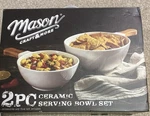Mason Ceramic 2 Piece Serving Bowl Set Wooden Handles Rare. Fixed Price $24.99.