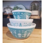 Pyrex Turquoise White Glass Nesting Mixing Set Of 3 Round. Fixed Price $86.25.