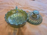 Imperial Glass Green Carnival Bowl Pansy With Lid & Stickers!!!. Fixed Price $42.50.