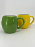 2 Amethya Rounded Coffee Mugs Green & Yellow Stoneware Set Euc. Fixed Price $15.00.
