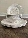 New Boho Living White Melamine 4 Dinner Plates And Bowls Set Tag. Fixed Price $79.99.