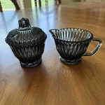 Vtg Mcm Libbey Glass Smoke Gray Cream & Covered Sugar Bowl Lid Diamond Pattern. Fixed Price $25.00.