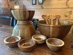 Set Of Threshold Wood & Serving Spoons, Dip Bowls, Pedestal Style. Fixed Price $48.00.