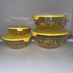 Vtg Durable Imperial Glass Flower Dute Nesting Bowls, Set Of 4 W/lids 1970S. Fixed Price $44.44.