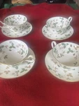 4 Tea Cups Plus Saucers Wedgewood Wild Strawberry Bone China England. Fixed Price $139.99.