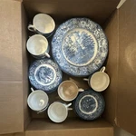 Blue White Colonial Scene Ceramic Dinner Set Floral Border Plates Bowls Cups. Fixed Price $275.00.