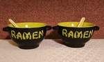 Set Of 2 World Market Ramen Ceramic Soup Noodle Bowl Black Green W/ Handles. Fixed Price $18.95.