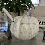 Temptations Floral Lace Pumpkin Tureen Lidded Bowl Serving Spoon Figural. Fixed Price $68.00.
