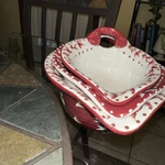 Foreside Spouted Bowls Set Of 3 French Country Nested Graduated White /burgundy. Fixed Price $55.00.