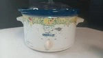 Vtg Rival Crock Pot Slow Cooker 5QT Glass Lid 10 Fruit Decor White Blue Bowl. Fixed Price $49.99.