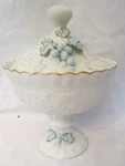Lefton Blue Bisque Porcelain Covered Compote Candy Dish 2459 Applied Grapes. Fixed Price $20.00.