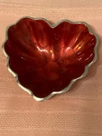 Signed Julia Knight Red Heart Shaped Bowl Aluminum With Pomegranate Enamel 4". Fixed Price $19.95.