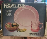 Arcoroc J Durand Rosaline Glass 12 Piece Boxed Set 9" Plates 5" Bowls Mugs Nos. Fixed Price $30.00.