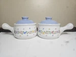 1985 Laurelwood Floral Ceramic Soup Bowl With Handles Set W/ Blue Lids. Fixed Price $12.00.