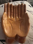 Wooden Carved Two Hands Fruit Salad Serving Bowl Centerpiece Decor. Fixed Price $35.00.