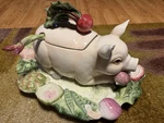 Nib French Market Vtg Ceramic Soup Tureen Bacon Pork Pig Bowl Platter Fitz Floyd. Fixed Price $350.00.