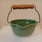 Tender Heart Treasures Green Pottery Crock Bowl With Wood Wire Handle. Fixed Price $19.99.