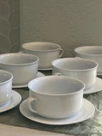 Williams Sonoma Essential White 5 Cream Soup Handle Bowls With 4 Saucers. Fixed Price $52.00.