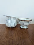 Mackenzie-childs Sterling Check Enamel Little Sugar & Creamer-see Description. Fixed Price $130.00.
