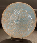 Set /4 MERRITT#22084 Artisan Floral Tile Motif Melamine Dinner Plates Aqua/cream. Fixed Price $18.00.