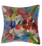 4X Square Art Glass 5" Bowls Handpainted Floral Orange, Green & Blue Prima Euc. Fixed Price $14.00.