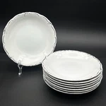 8 Vtg White Embossed Porcelain Soup Bowls Platinum Scroll Trim Simplicity Japan. Fixed Price $26.89.