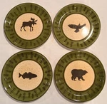 Libbey Rustic Lodge 8.5" Salad Plate Set 4 Green Brown Moose Eagle Fish Bear. Fixed Price $31.95.