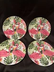 Set Of 4 Tropical Melamine Dinner 11" Plates - Pink Summer Flamingos & Parrot. Fixed Price $24.48.