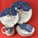 Thomson Pottery Christmas 4 Pc Set Snowman Blue Vtg. Fixed Price $22.88.