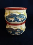 Two Certified International Kate Mcrostie Fishermans Catch Chowder Bowls Red Rim. Fixed Price $19.99.