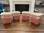 Set Of 4 Ceramic Popcorn Snack Bowls Red And White Stripe. Fixed Price $31.00.