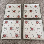 4 Temptations By Tara Poinsettia Square Plates Stoneware Seasonal 10.5X10.5. Fixed Price $25.00.