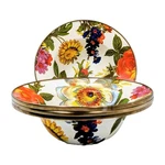 4 Mackenzie Childs Enameled Flower Market Breakfast Bowls White Floral 7.5". Fixed Price $199.00.