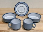 Arita Genesis Blue Lot Of 5 Saucer Bowls & Cups Replacement Stackable Japan Made. Fixed Price $32.00.