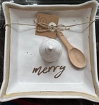 Mud Pie Christmas Merry Candy Dish Ceramic W/ Wood Spoon White/gold 2023. Fixed Price $14.99.