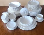 American Atelier Athena White Ironstone Dinnerware 5166 Plates, Bowls, Teacups. Fixed Price $18.00.