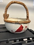 St. Nicholas Square Snow Valley 24OZ Handled Basket 7" Bowl Cardinal Pinecone. Fixed Price $18.00.