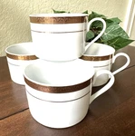 Sango "elegance" 8499 Flat Coffee Cups Gold Band W/ Scrolls On White Porcelain. Fixed Price $28.85.