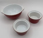 Vtg Emile Henry 2-RAMEKINS Red & 1-SMALL Bowl W/ Handles Both Ribbed. Fixed Price $29.99.