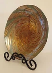 Beautiful Copper Aqua Green Swirl 16" Glass Bowl With Decorative Black Stand. Fixed Price $24.95.